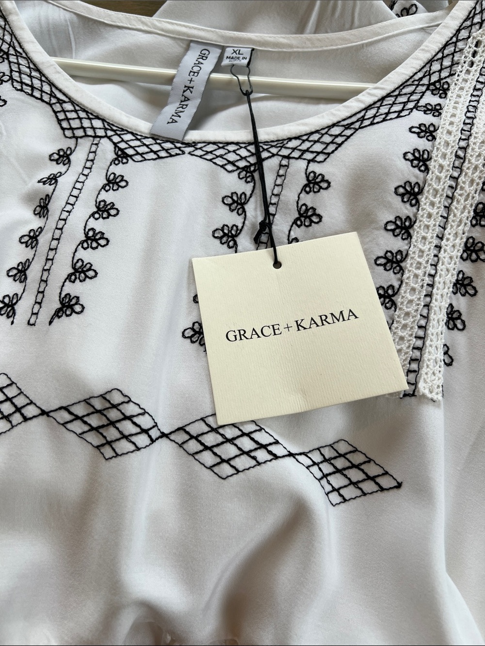 Embroidered White Midi Dress with Black Trim - Picture 4 of 13